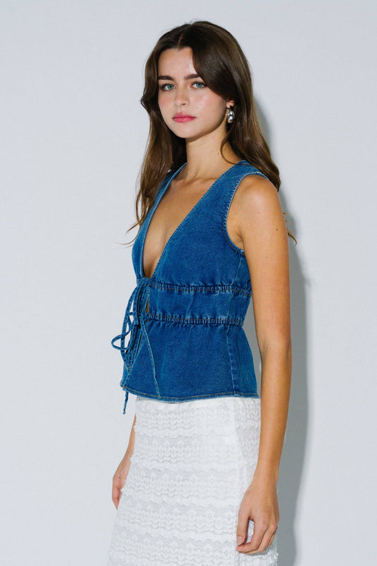 Denim Front Tie Sleeveless Peplum Top