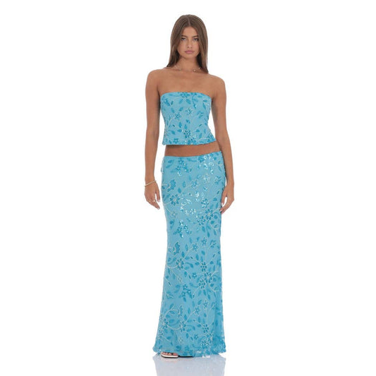 Sequin Beaded Floral Maxi Skirt in Aqua Blue