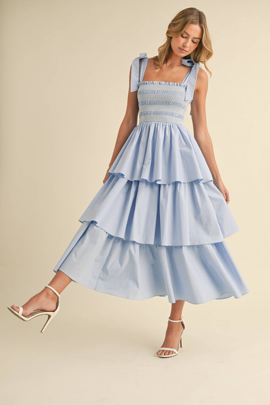 Poplin Tie Strap Tiered Midi Dress