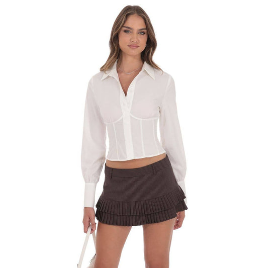 Pinstripe Pleated Ruffle Skort in Brown