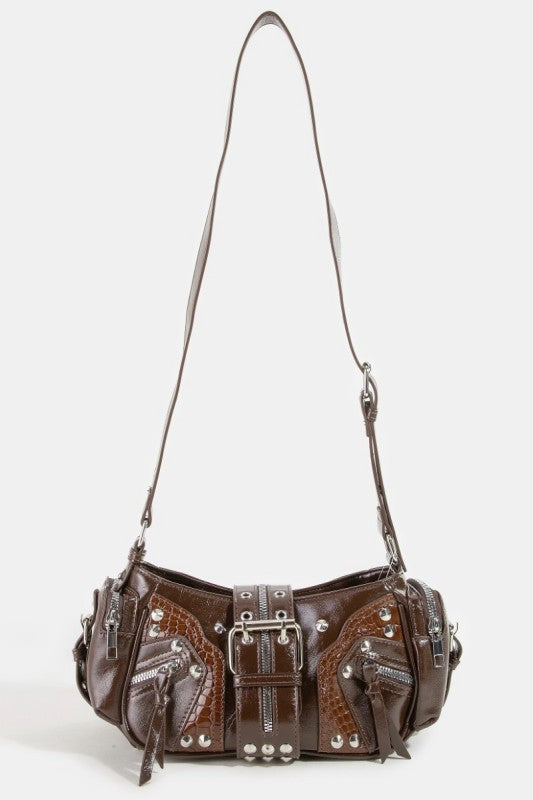 Rivet Detail Leather Shoulder Bag