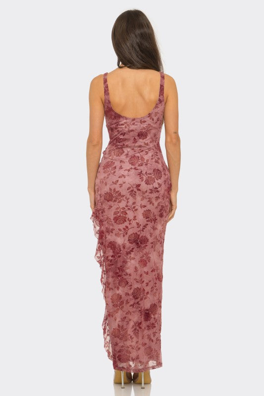 Ruffle Trim Slit Front Maxi Dress
