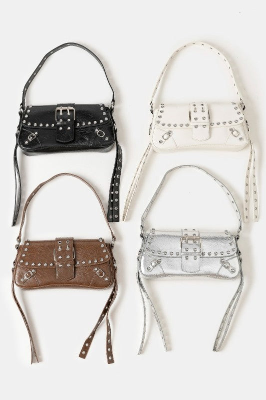 Glossy Leather Rivet Trim Shoulder Bag
