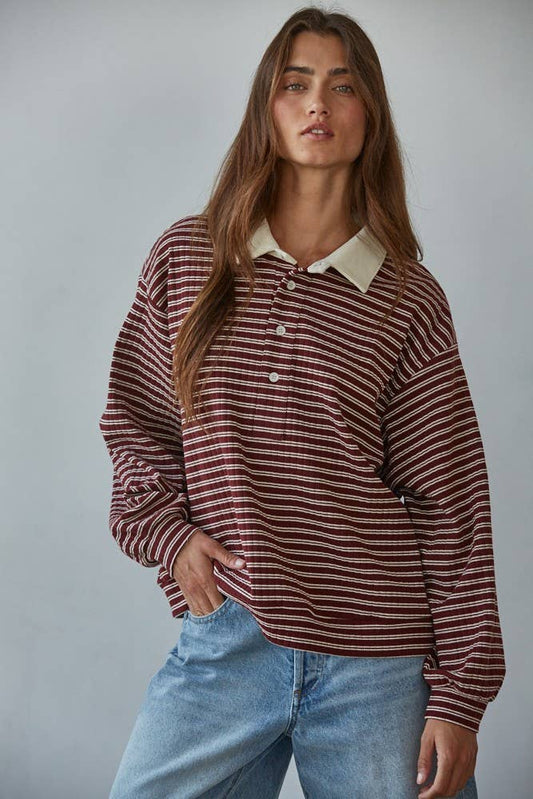 Knit Ribbed Striped Half Button Up Collared Pullover