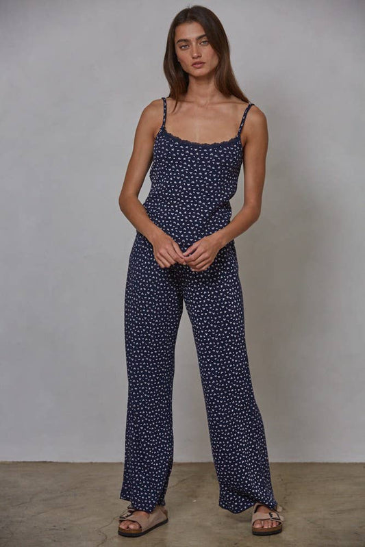 Navy Floral Print Waffle Cami