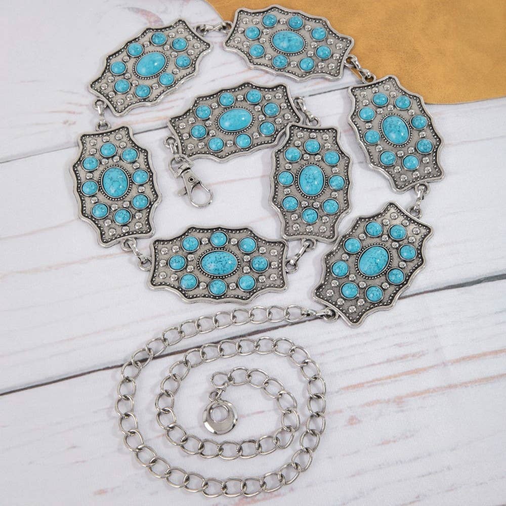 Multi Stone Detail Concho Chain Belt