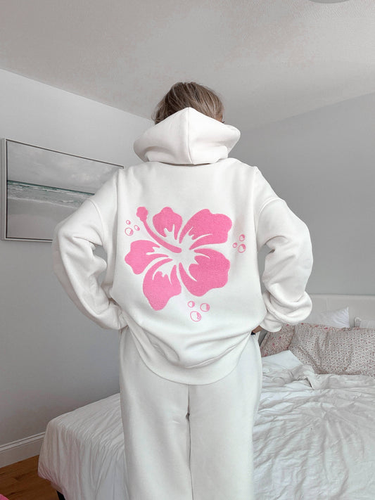 Ivory Hibiscus Flower Hoodie