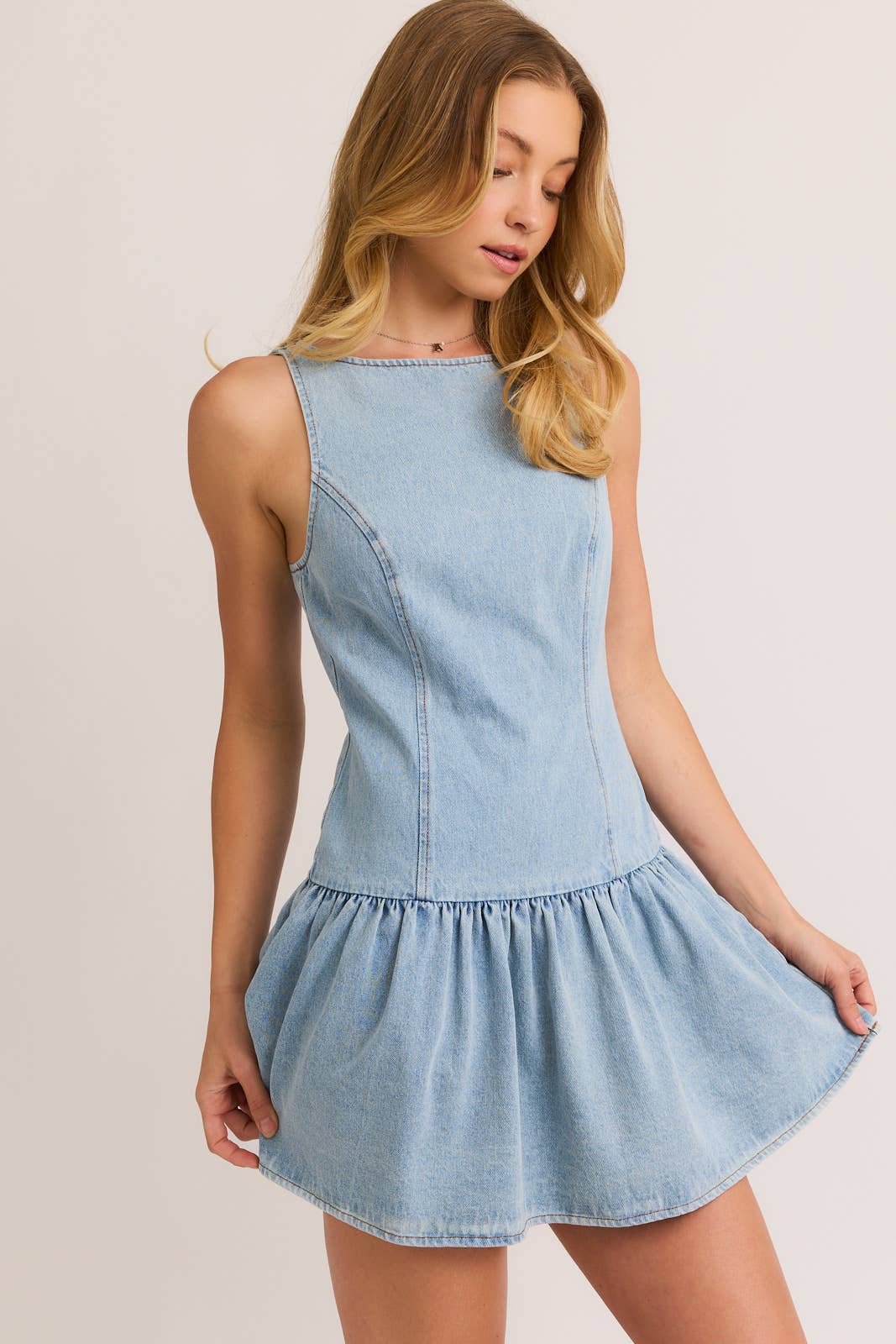 Boat Neck Sleeveless Low Waist Denim Dress Gossip X Honeygurl Boutique Boat Neck Sleeveless Low Waist Denim Dress Gossip X Honeygurl Boutique