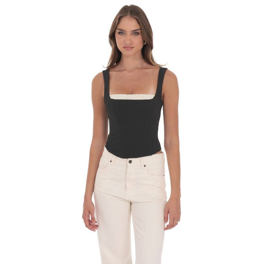 Two-Toned Detailed Corset Top in Black
