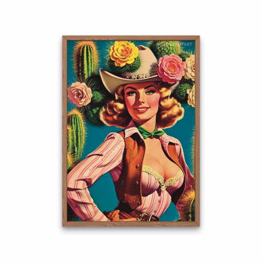 Cactus Cowgirl Art Print, Retro Western Home Decor, Unique