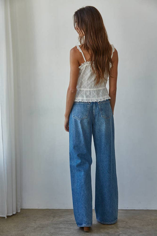 Woven Eyelet Button Down Square Neck Top