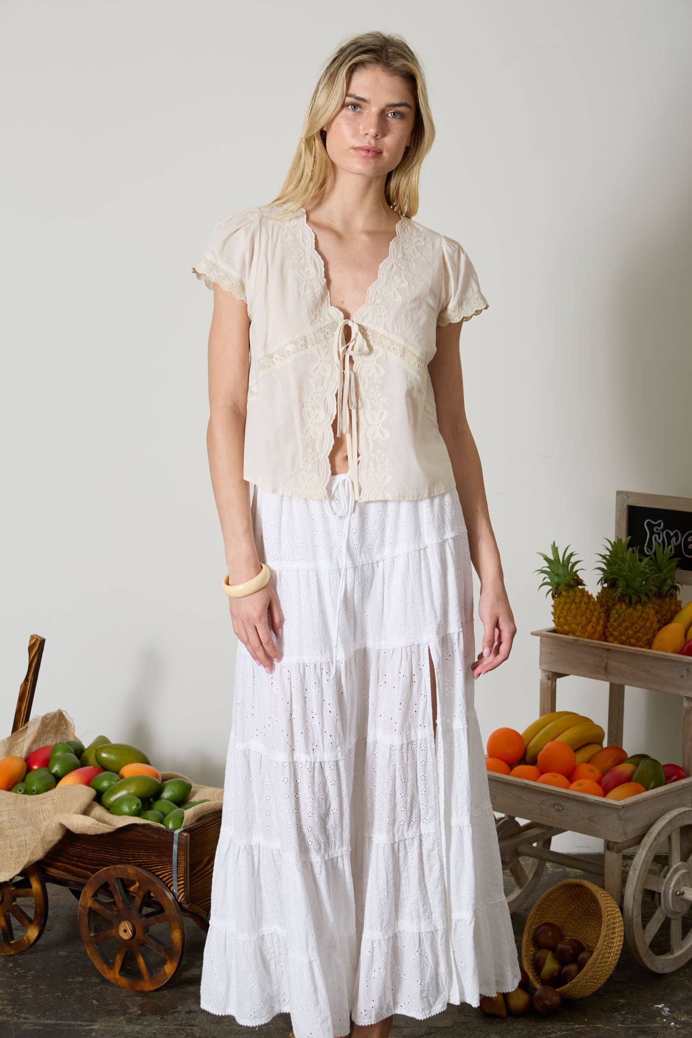 SCALLOPED EMBROIDERED FRONT TIE LACE TOP