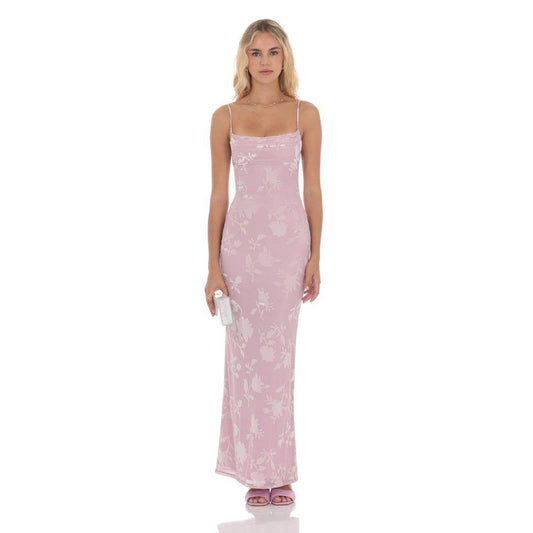 Velvet Floral Cowl Neck Maxi Dress in Lilac