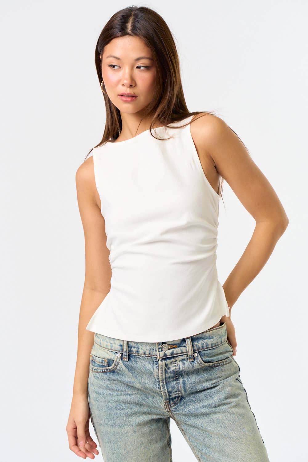Knit Boatneck Tank with Side Ruched Detailing