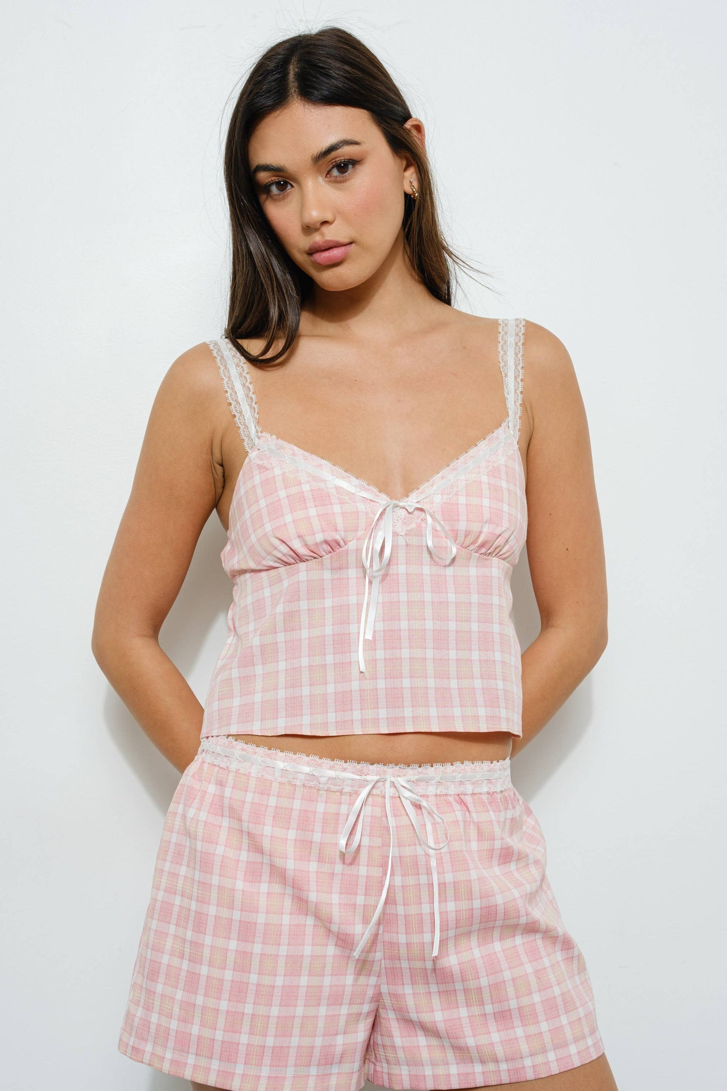 Pink Lace Trim Plaid Cami