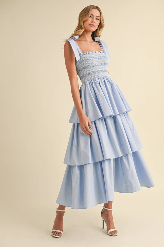 Poplin Tie Strap Tiered Midi Dress