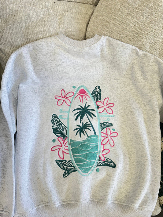 Pearl Grey Surfing The Waves Embroider Sweatshirt
