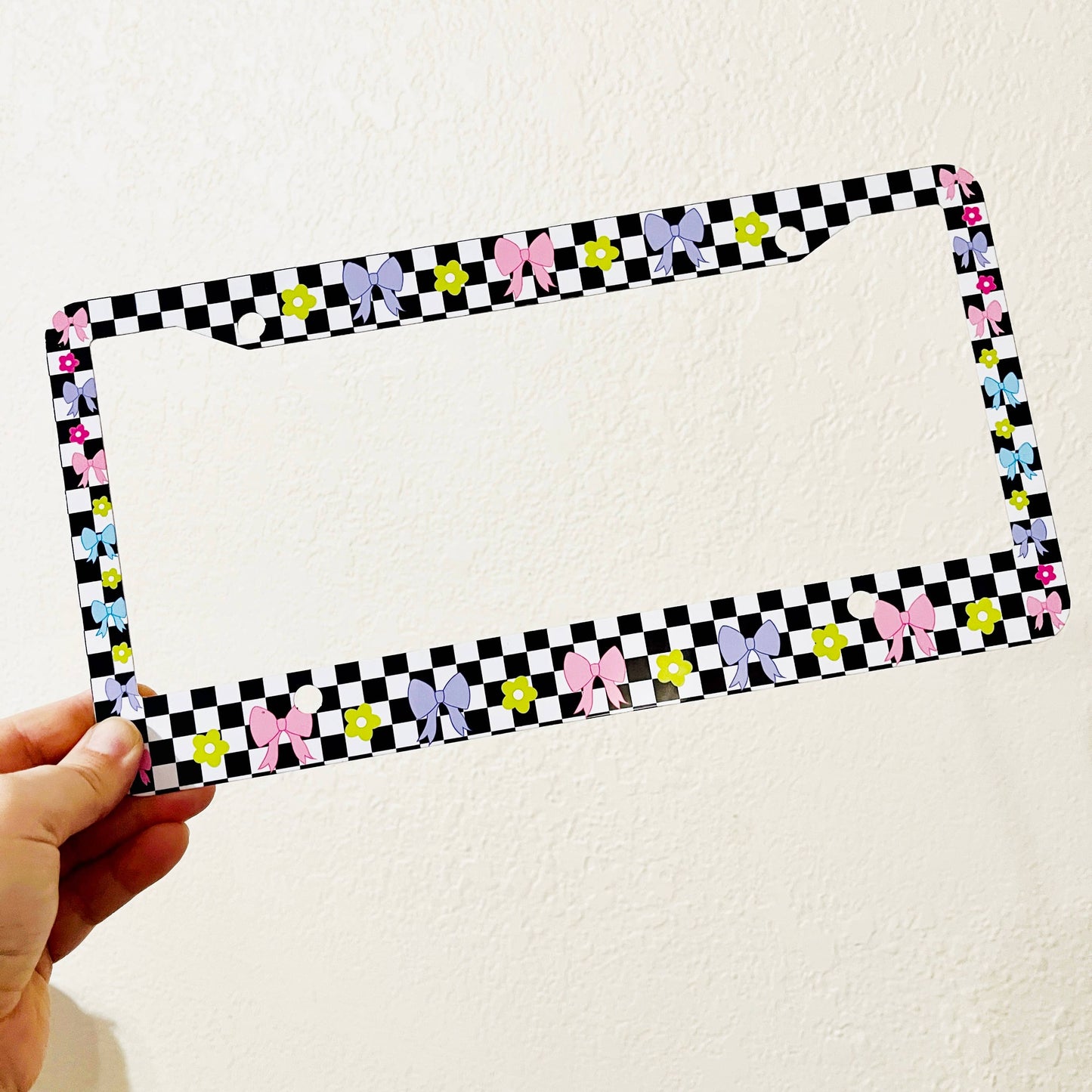 License Plate Frame, Checkered Colorful Bows