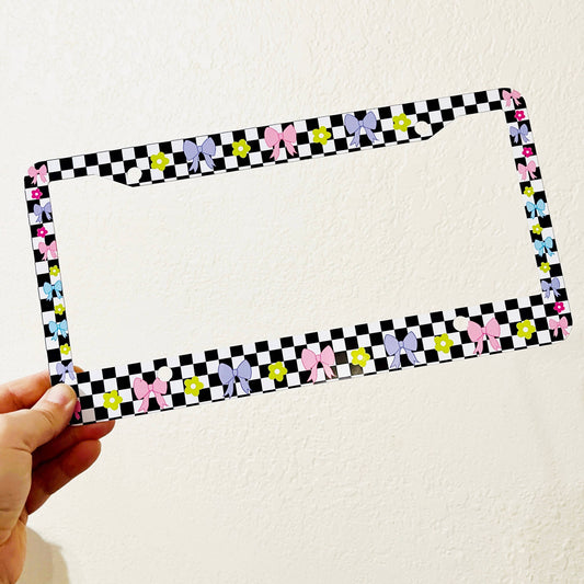 License Plate Frame, Checkered Colorful Bows