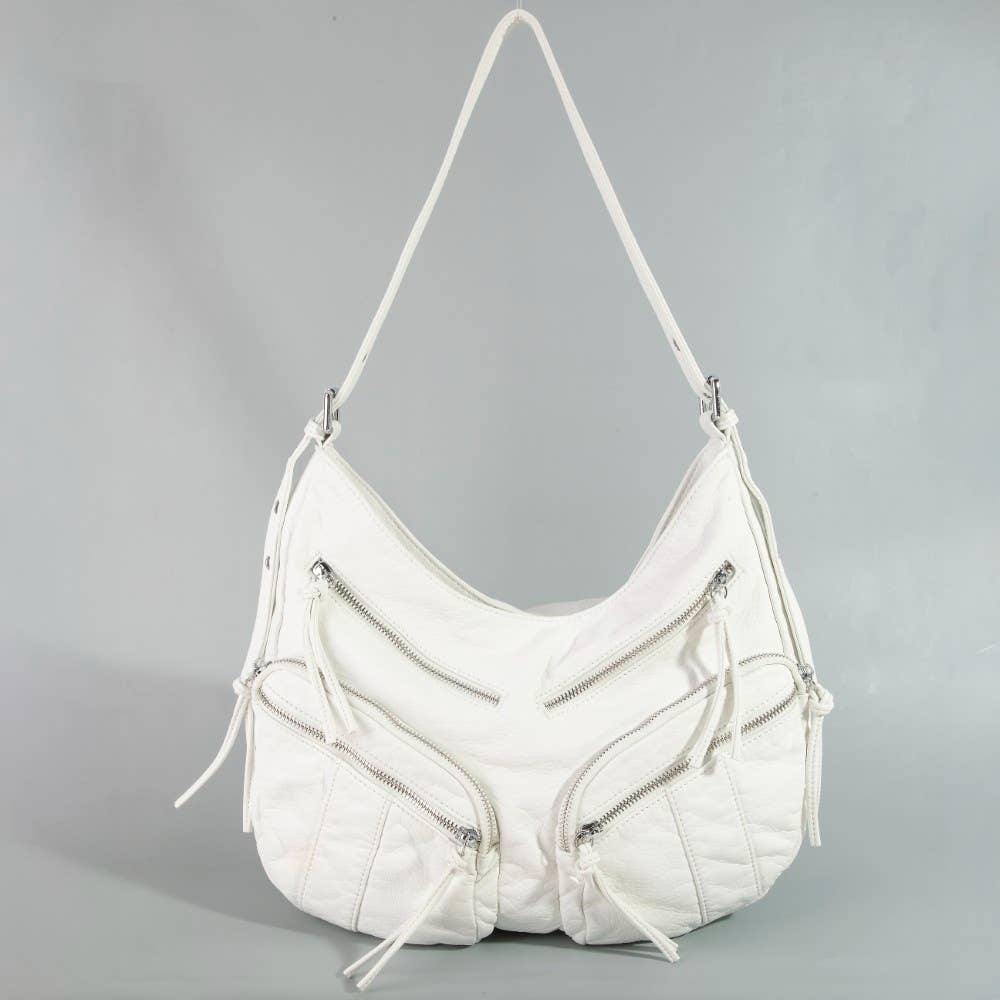 Multi Zipper Pocket Leather Hobo Bag