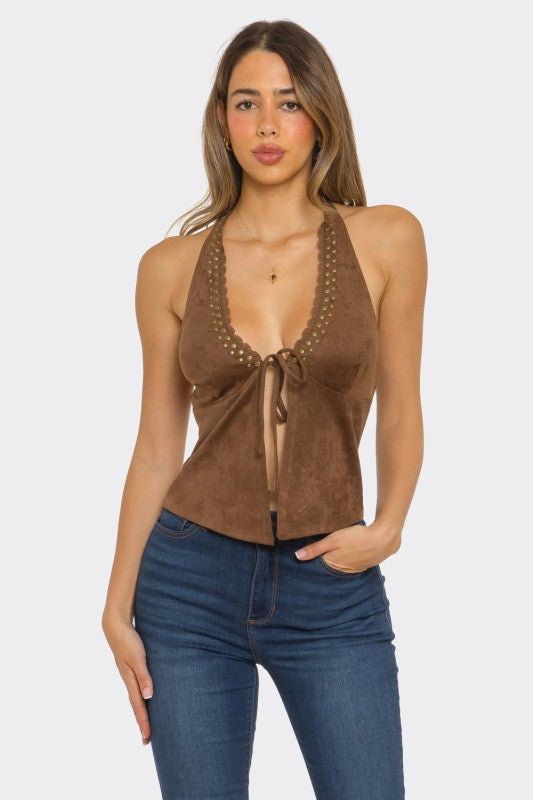 Tie Front Suede Halter Top