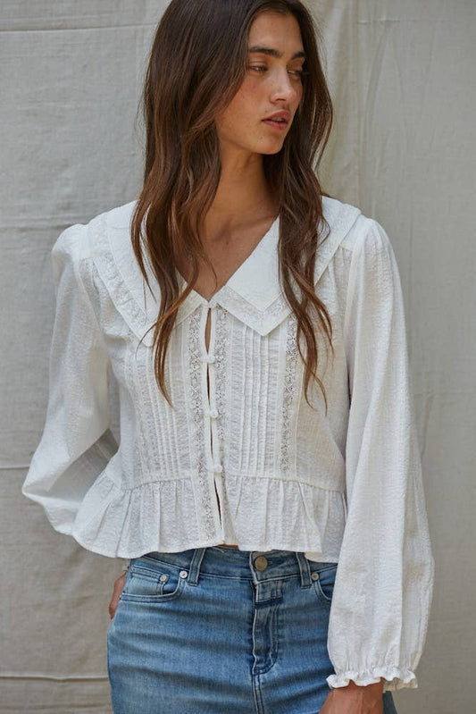 Woven Cotton Collar V-Neck Long Sleeve Blouse