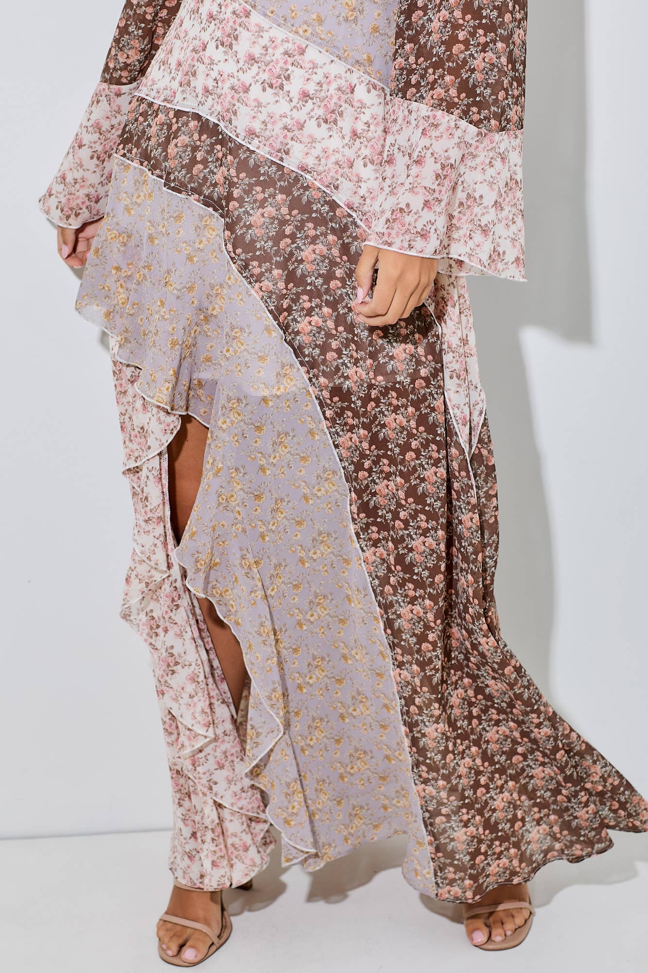 Floral Print Mix Chiffron Ruffle Maxi Dress