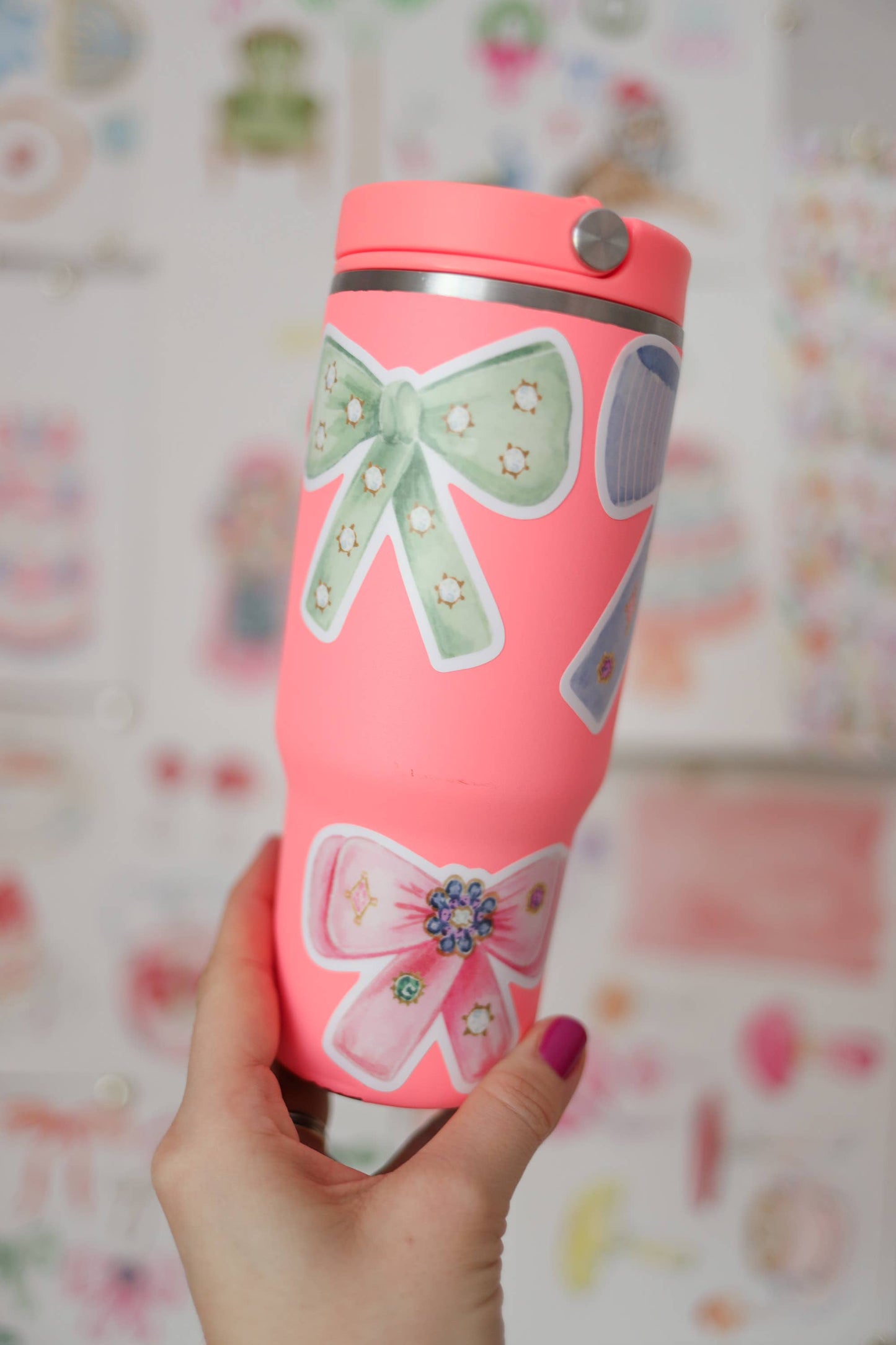 Pink layered rhinestone bow vinyl sticker