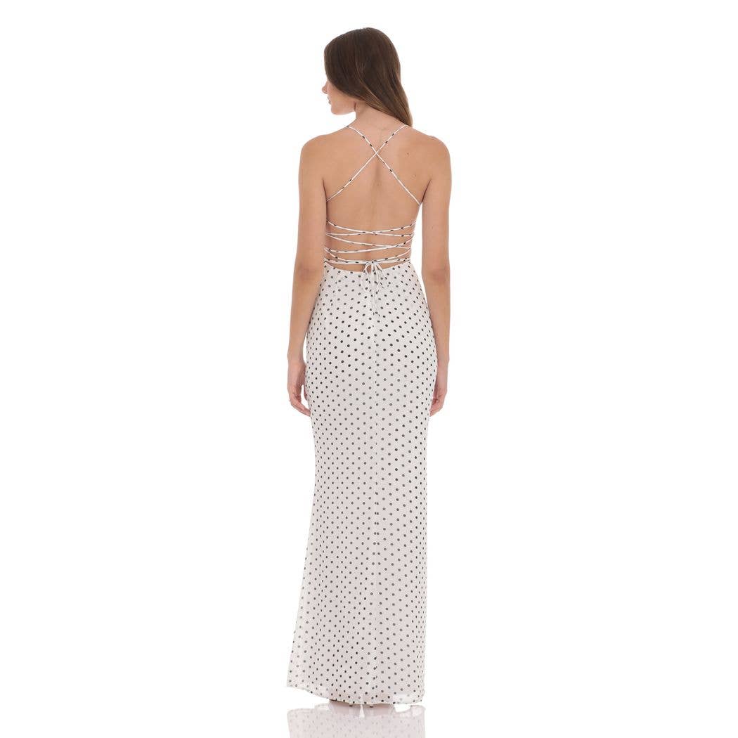 Polka Dot Open Back Maxi Dress in White