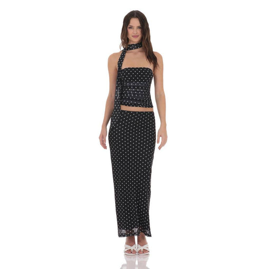 Polka Dot Mesh Pencil Maxi Skirt in Black