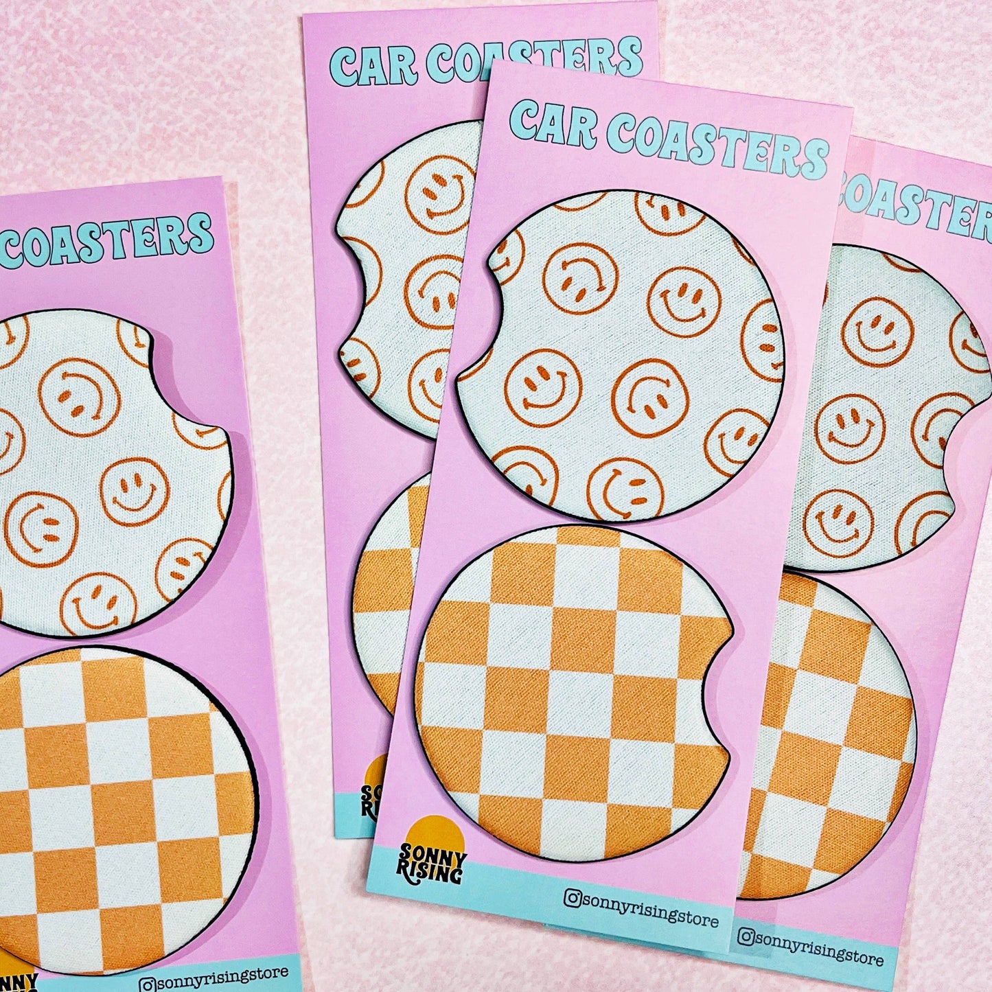 2 Car Coasters, Orange Happy Checkered Design