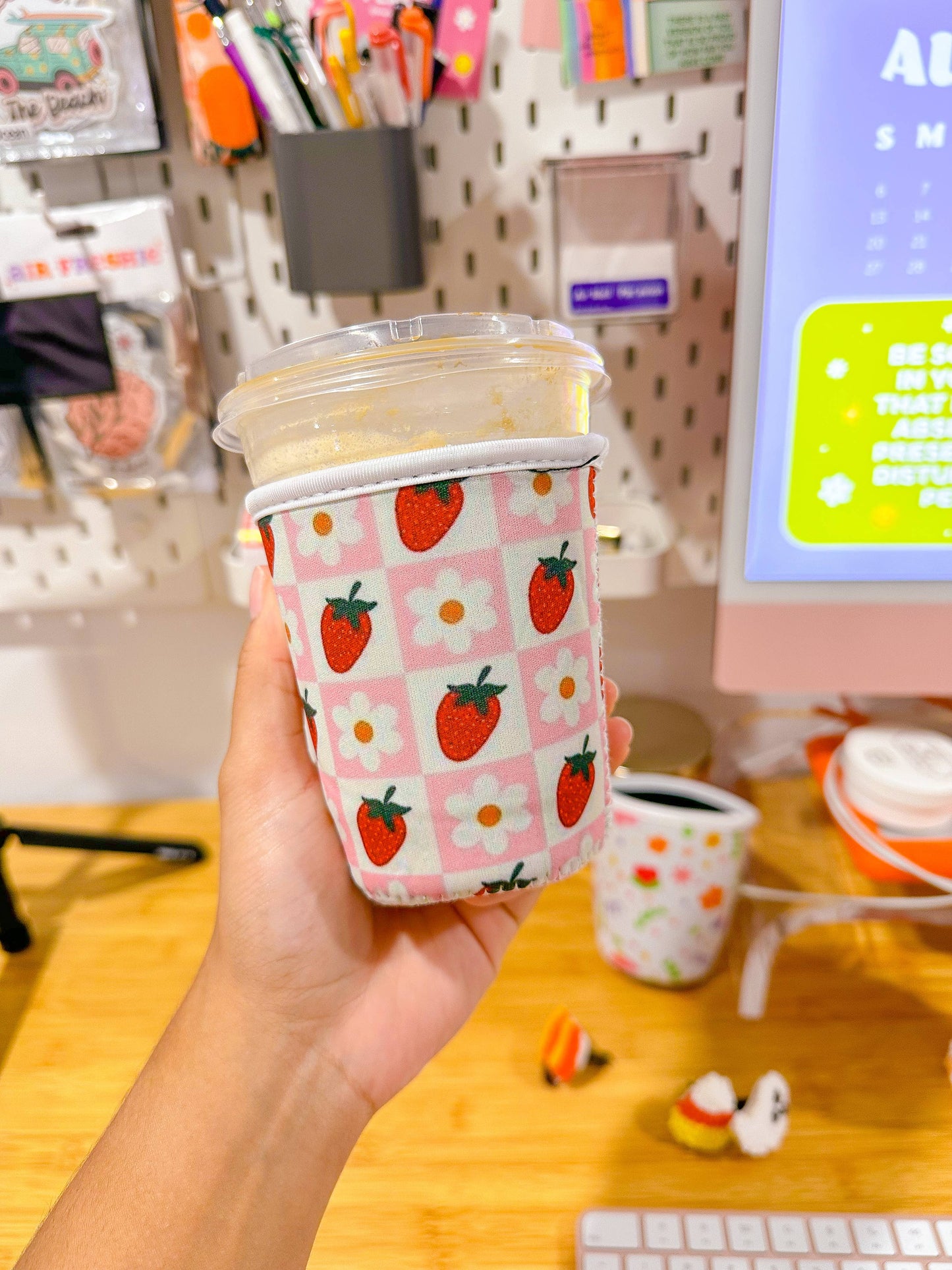 Checkered Strawberry & Daisy Coffee Sleeve