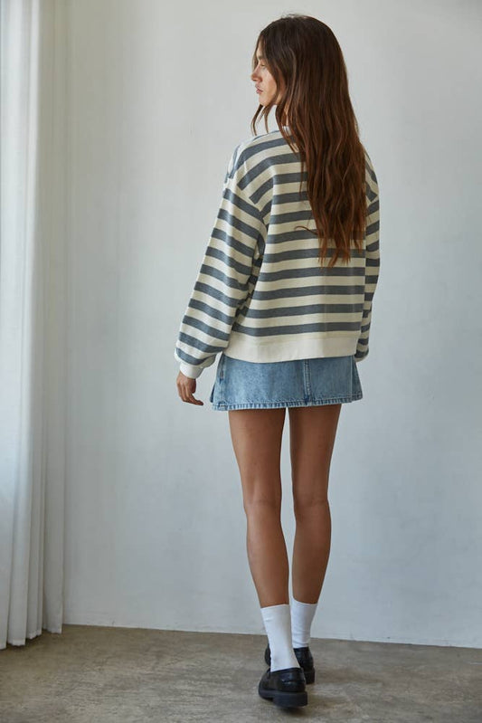 Knit Cotton Striped Crew Neck Long Sleeve Sweatshirt