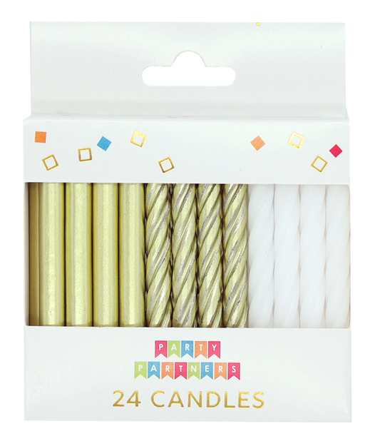 Gold Metallic & White 24 Candles Set