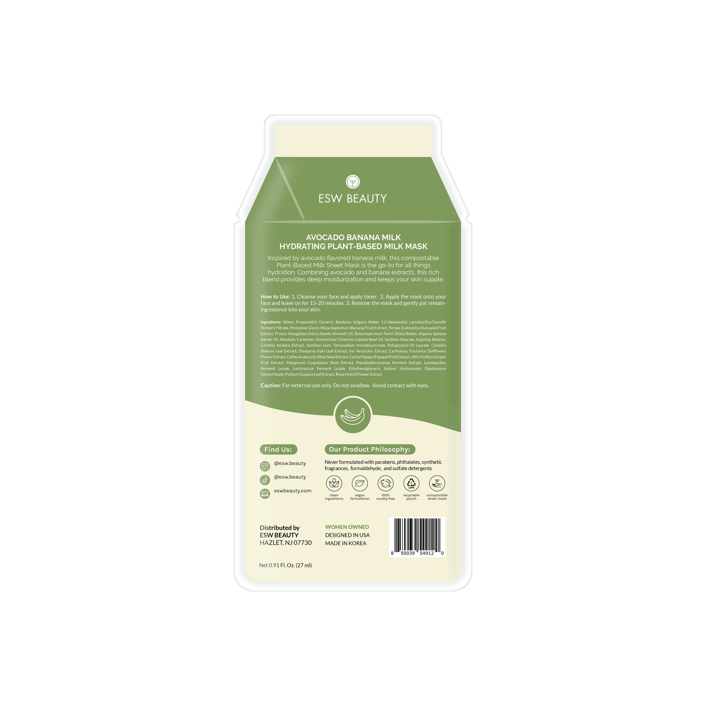 Avocado Banana Milk Hydrating Plant-Based Milk Sheet Mask: Regular