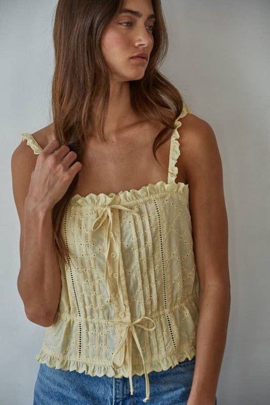 Woven Eyelet Button Down Square Neck Top