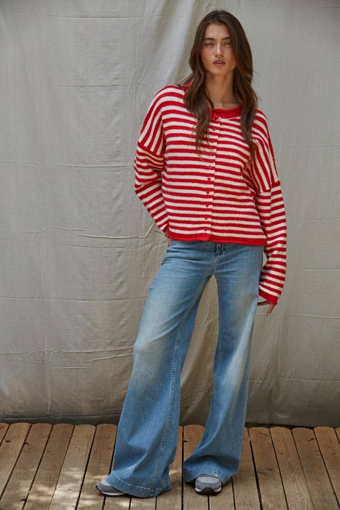 Knit Sweater Striped Button Down Cardigan