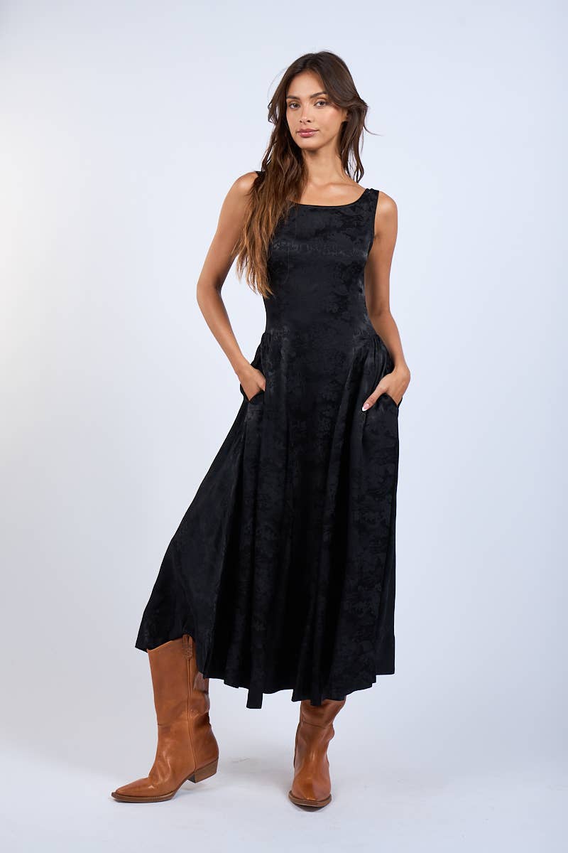 Satin Foral U-Shape Boat Neck Flare Midi Dress