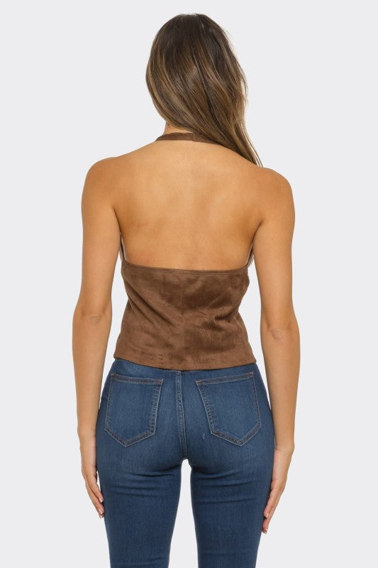 Tie Front Suede Halter Top