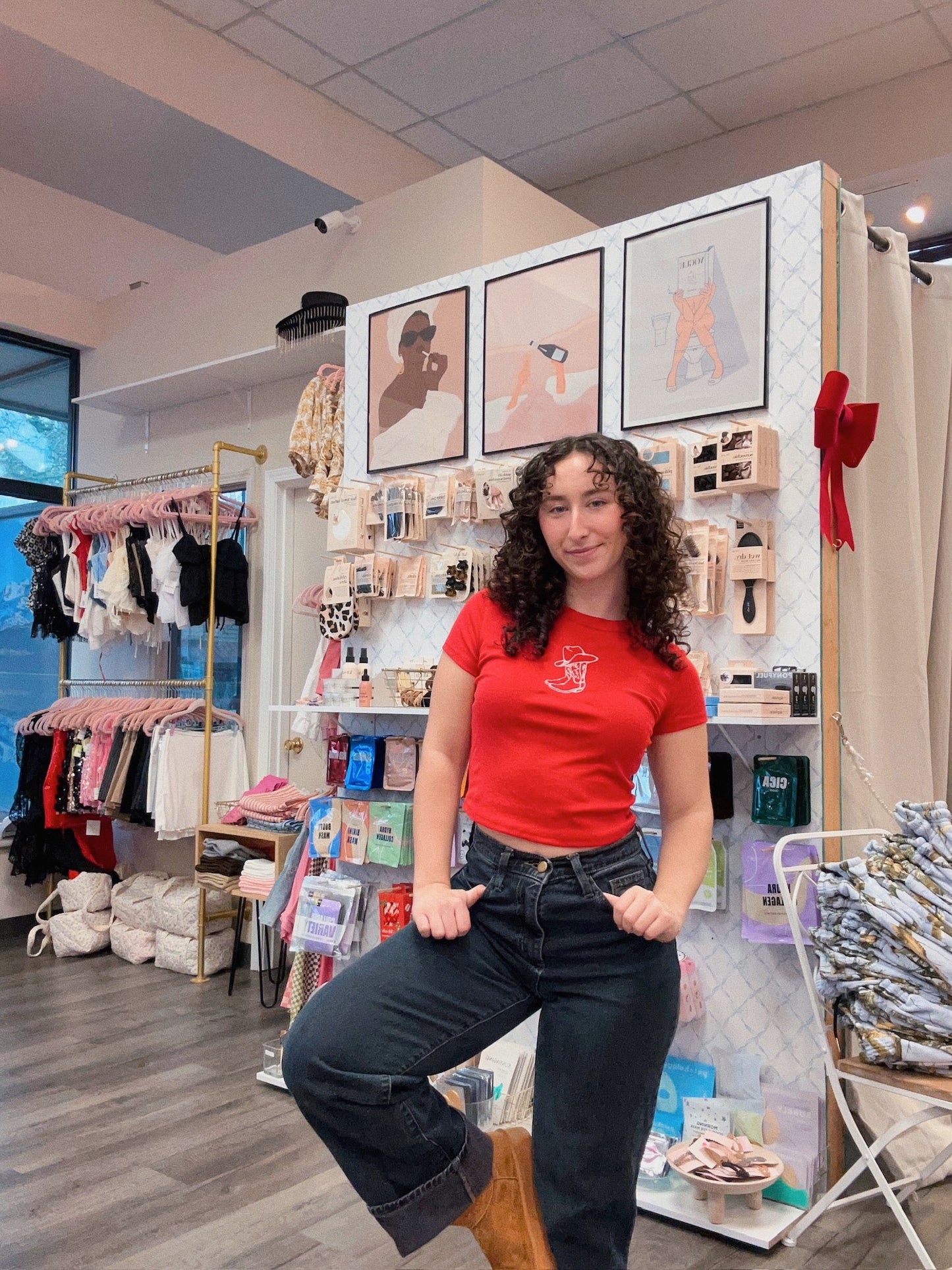 Embroidery Red Cowboy Boots Baby Tee