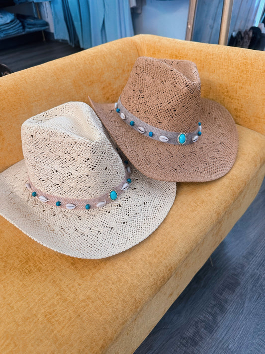 Blue Shell Woven Straw Western Hat