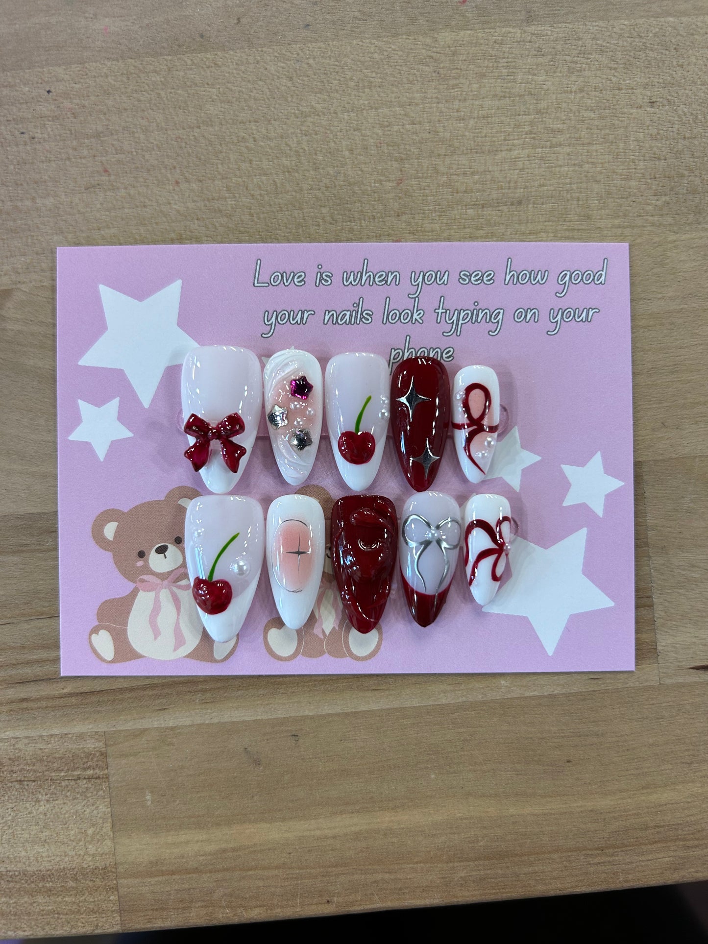 Red and White Cherry Bow Nails