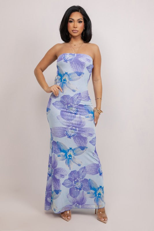Maxi Printed Blue Open Back