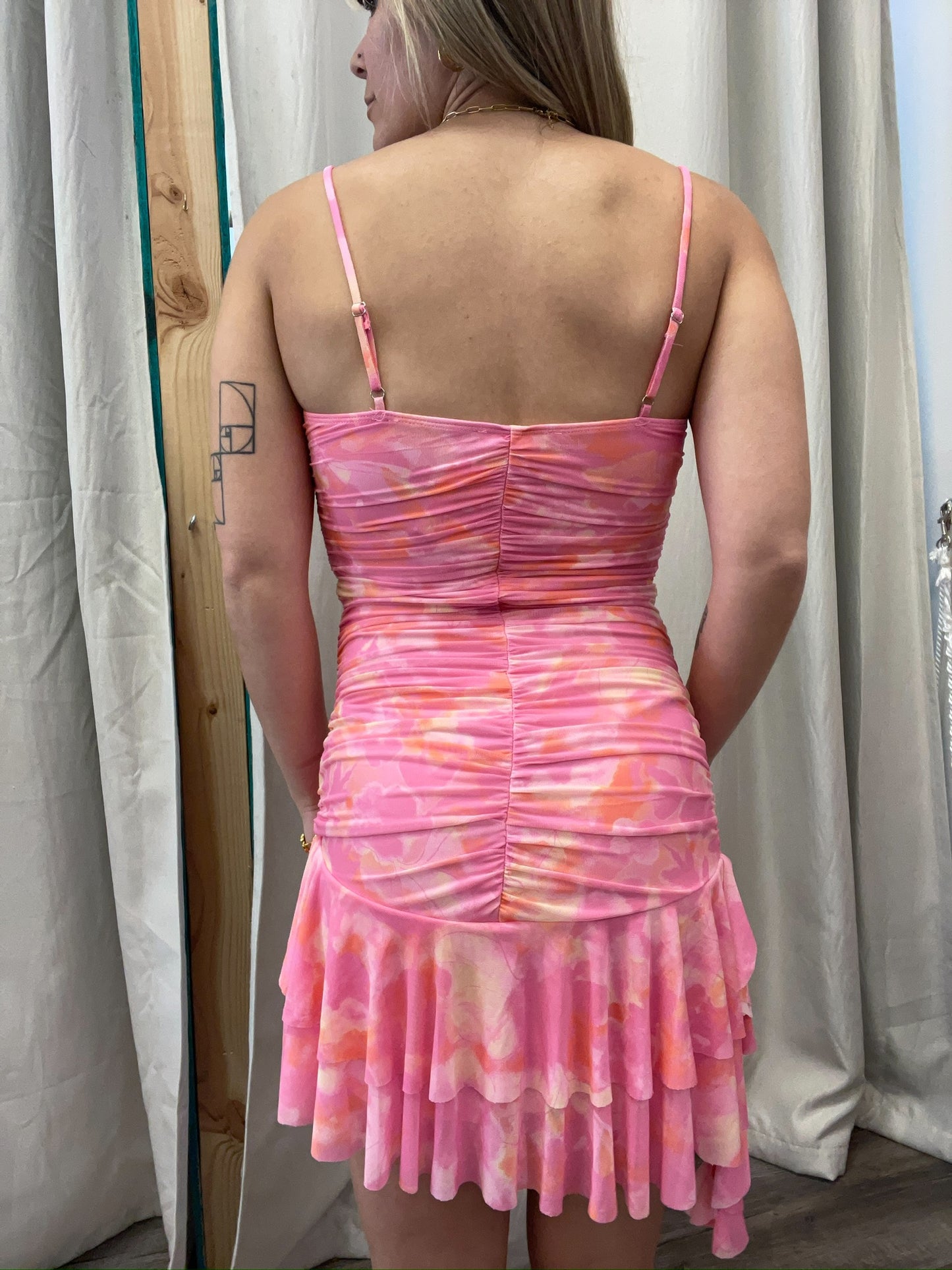 Pink Asymmetrical Ruffle Hem Mini Dress