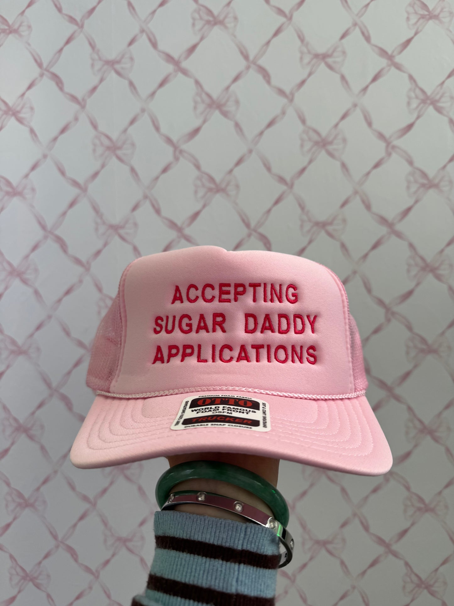 Accepting sugar daddy Baby Pink Trucker Hat