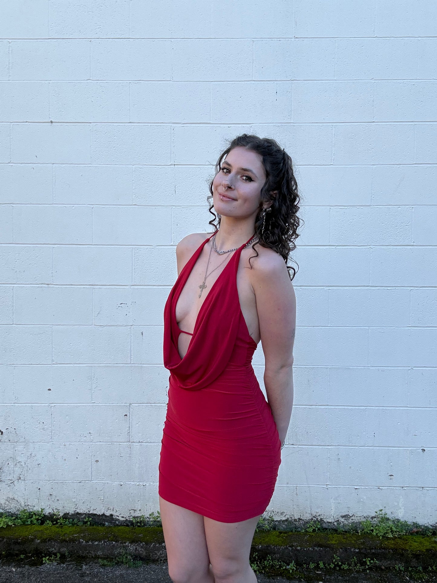 Cowl Neck Halter Open Back Mini Dress