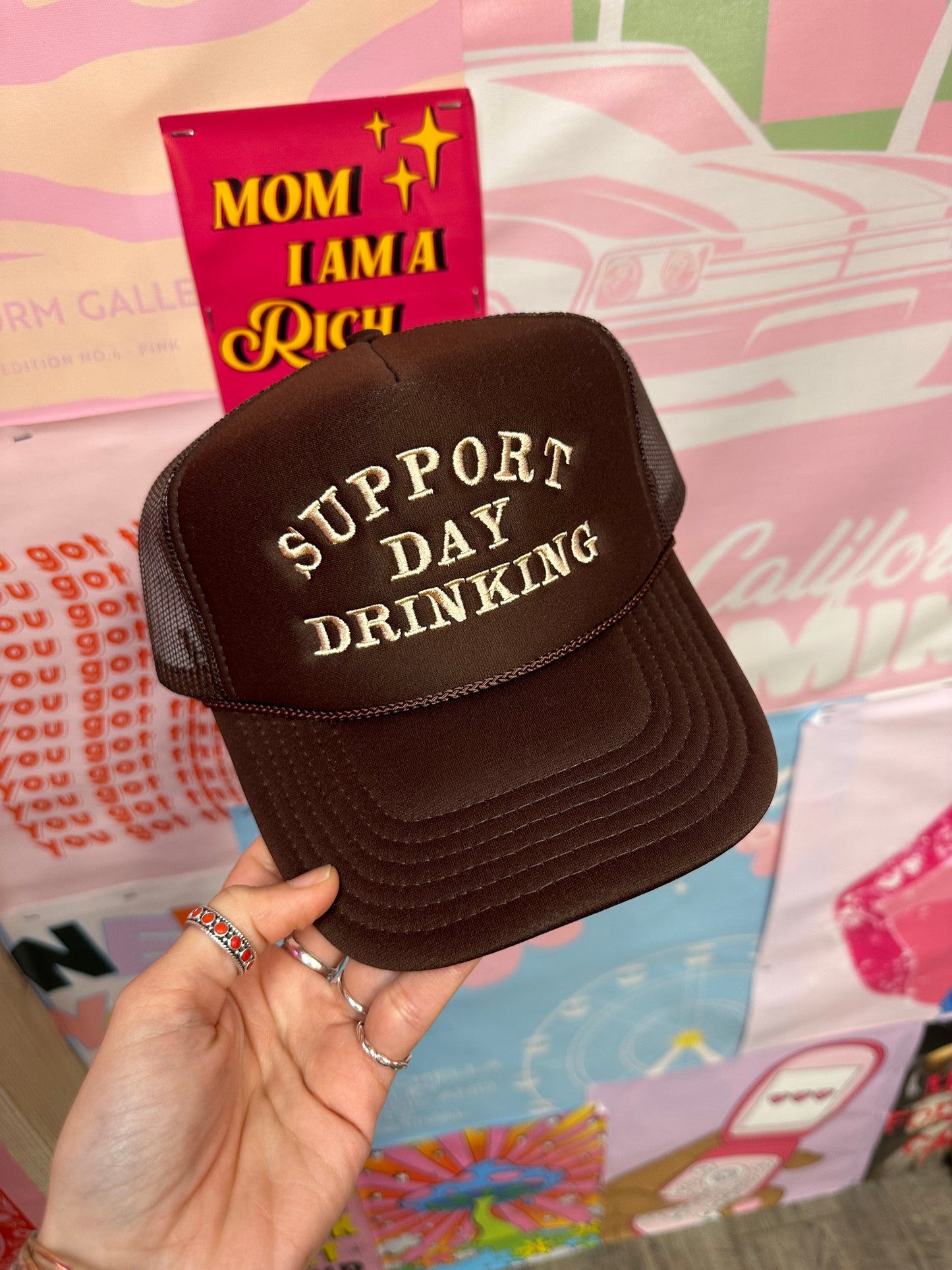Support Day Drinking Trucker Hat: Brown/Tan