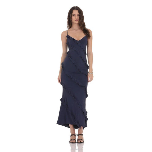 Ruffle V-Neck Maxi Dress in Navy