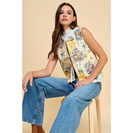 Multi Flower Quilted Vest with Front Ribbon