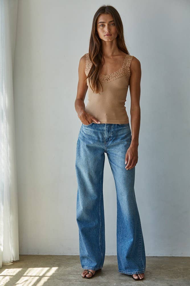 Knit Seamless Ribbed Tank Top with Lace Trim
